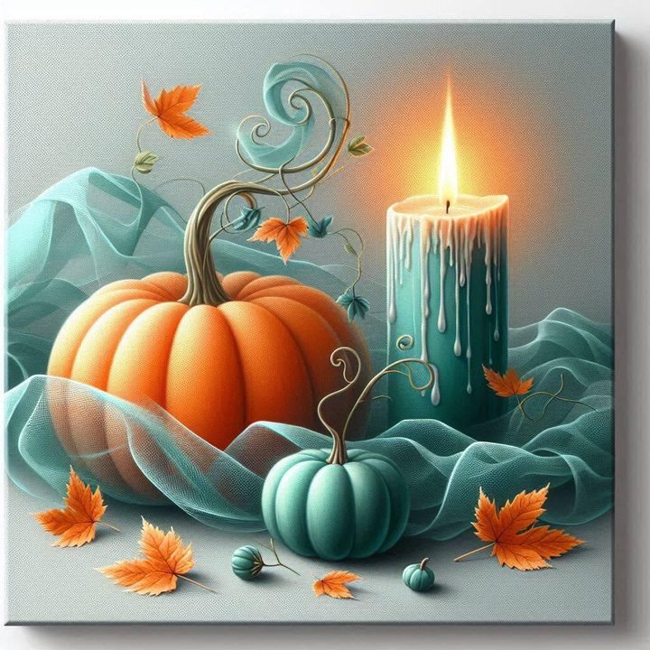 Pumpkins and a teal candle on soft fabric with autumn leaves